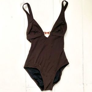 JCrew gold tortoiseshell buckle plunge-v one-piece